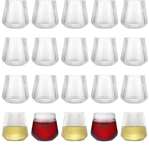 CYEER 20 Pack Plastic Wine Glasses, 400ml/14oz Stemless Wine Glasses Reusable BPA-Free, Unbreakable Drinking Glasses Tumblers Modern Style for Champagne Red White Coktail, Picnic Camping and Party Use