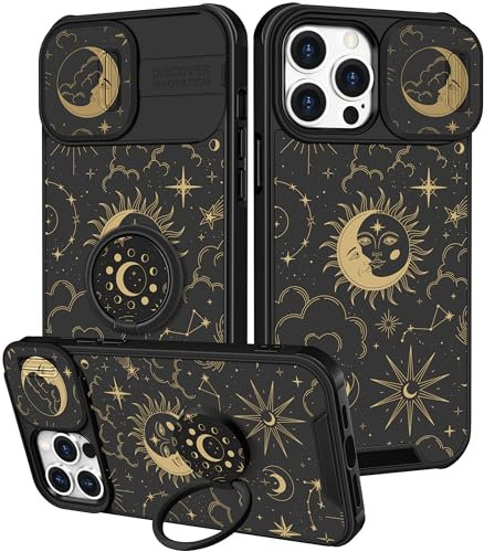 Pegmode (2in1 for iPhone 15 Pro Case for Women Sun Moon Cute Girls Phone Cases Aesthetic Pretty Stars Unique Design with Slide Camera Cover+Ring Holder Cool Luxury for Apple iPhone 15 Pro Cover 6.1''