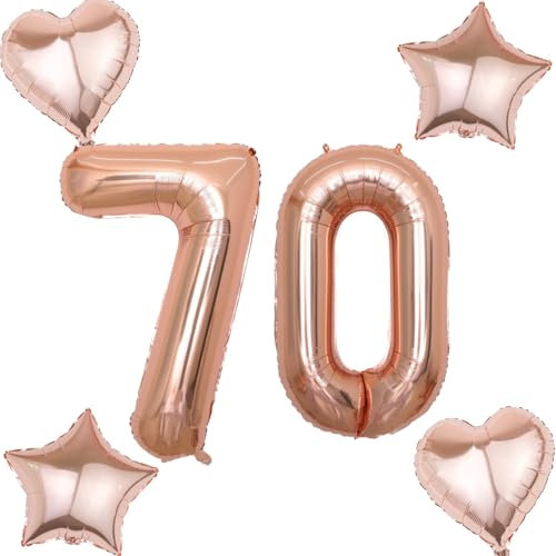 Rosegold Luftballons Zahl 70+4 pcs herz/stern Folienballon Zahl 70 .Geburtstag frau mädchen,70 Riesenzahl Ballons 70 .geburtstagsdeko frauen,Zahlenballon 70, Helium Ballons 70 Zahlen Luftballon