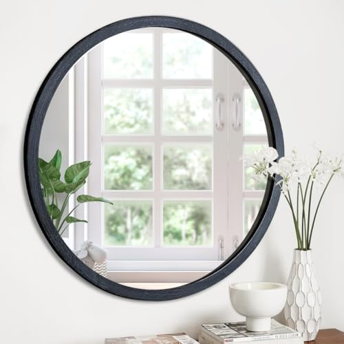 JJUUYOU Circle Wall Mirror 60 CM Round Mirror for Bathroom Black Wooden Mirrors for Living Room Wall Mounted Wood Frame Mirrors for Bedroom Washroom Dorm