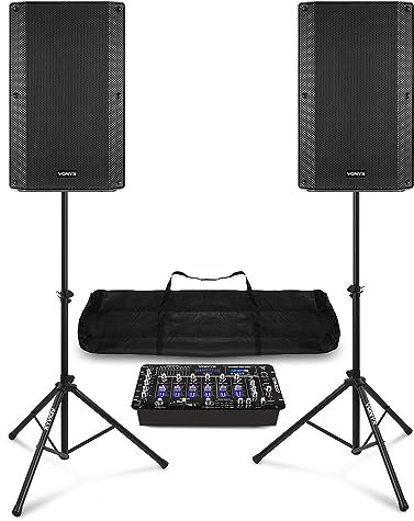 VONYX VSA120S 12 Active DJ Speaker Packages with STM-3007 6-Channel Mixing Desk, Stands & Bluetooth – Complete PA System Package Kits for Parties, Events & Gig Performances