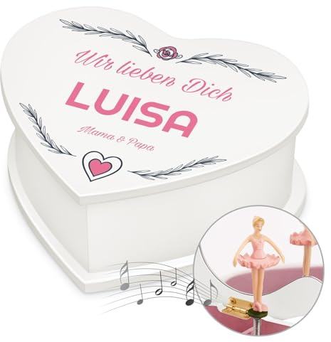 Maverton personalisierte Musikschmuckdose in Herzform mit Aufzieh-Spieluhr - Schmuckkästchen Ballerina Spieldose - Herz Schmuckkiste für Mädchen zur Taufe Erstkommunion - zu Weihnachten - Herzchen
