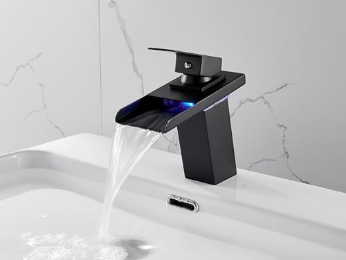 OUGOO Robinet cascade de salle de bain à LED en acier inoxydable alimenté par l'eau, RVB 3 couleurs changeantes mélangeur de lavabo avec capteur de température, pas besoin de batterie, noir robinet à