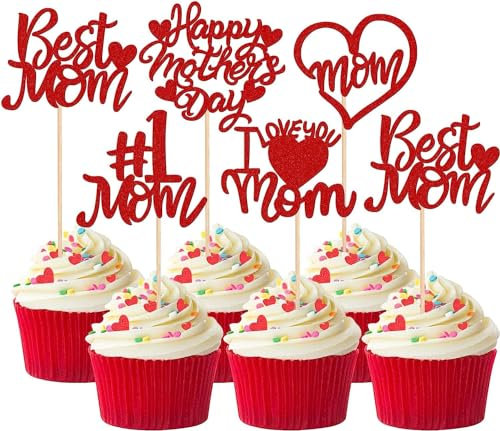 SYKYCTCY 30 Pack Happy Mother's Day Cupcake Toppers Glitter Heart I love you Mom Cupcake Picks Best Mom Cake Decorations for Happy Mother's Day Theme Women Birthday Party Supplies Red