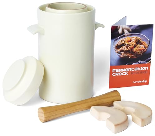 HomeBuddy Elfenbeinfarbener Gärtopf (3,5 Liter) mit Gewichten, Akazienholz-Pfünder und Rezeptbuch – Sauerkraut-Gärset, Onggi-Kimchi-Glas, Gärtopf zum Einlegen oder Sauerteig