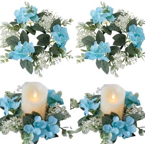 Künstliche Hortensien-Kerzenringe, Eukalyptusblätter, Kränze, Kleiner Boho-Kranz, Stumpenkerzenhalter für Ostern, Hochzeit, Zuhause, Tür, Tischdekoration, Blau, 2 Stück