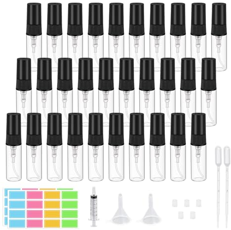 Episkey 30 Stück 3ml Mini Parfümzerstäuber Portable Nachfüllbar Mini Glas Sprühflasche klein Zerstäuber Kleine Sprayflasche für Familie mit Trichter Pipetten und Etikettenaufkleber (schwarz, 3ml)