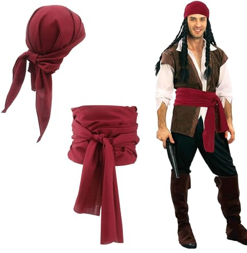 LEOEASIY Piratentuch Piraten Accessoires Damen Piraten Stirnband TaillengüRtel Piraten SchäRpe Geeignet für Piraten-Mottopartys TheaterauffüHrungen Geburtstagsfeiern und Andere Anlässe (Großes Rot)