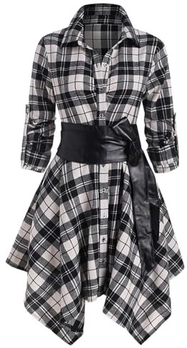 Robe Chemise à Carreaux Taille Minceur irrégulière Petite Robe midi-Noir à Carreaux-M