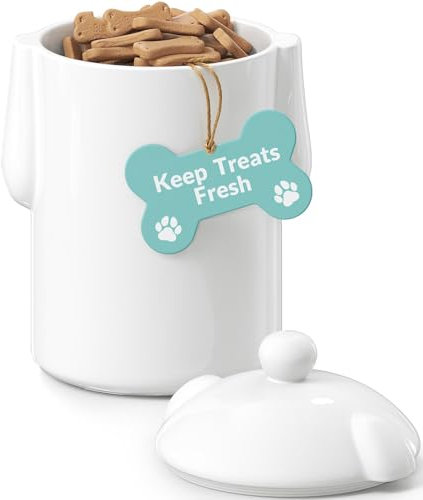 Barnyard Designs Large Dog Treat Container Airtight, Cute Ceramic Dog Treat Jar with Lid for Kitchen Counter, White (Dog)