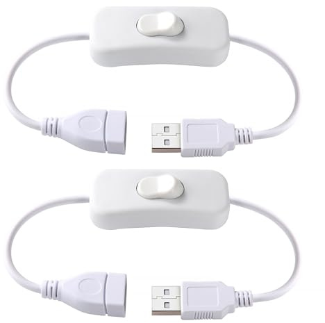 KUOQIY 2 Stücke 0.28m USB Kabel mit Ein/Aus-Schalter, USB Schalter Kabel, USB Verlängerungs Inline Wipp Schalter, USB Verlängerungs Schalterkabel, für LED-Schreibtischlampe, USB-Lüfter, Weiß
