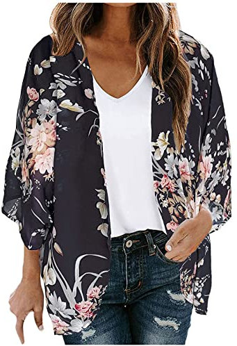 Floral Printed Kimono Jacket - Lightweight Casual Cardigans for Women - UK Plus Size - Chiffon Summer Cover Ups - Open Front Short Sleeve