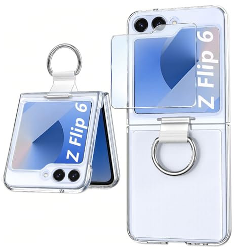 TXXO Z Flip 6 Case Clear for Samsung Galaxy Z Flip 6 Cases with Ring & Screen Protector for Samsung Flip 6 Phone Case Slim Anti Yellowing Transparent Hard PC Cover Shockproof for Galaxy Z Flip6 Clear
