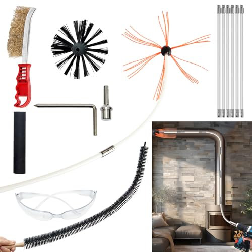 JOVANT Chimney Sweep Kit 18 FEET,Chimney Brush With 6 Nylon Flexible Rods And Strong Brush,Chimney Cleaning Kit And Rotary Chimney Cleaning System Brush Tool For Cleaning Chimney,Fireplace And Pipes
