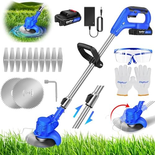 Grass Trimmer Cordless Strimmer with 1.5Ah Battery and Charger and 12 Metal Blades Lightweight Lawn Mowers Cordless Grass Strimmer, Electric Lawn Edge Trimmer Rechargeable Brush Cutter Electric Weeder