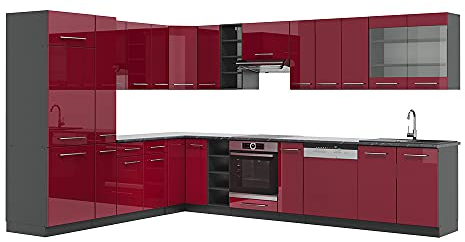 Vicco Eckküche Fame-Line, Küchenzeile in L-Form, Bordeaux Hochglanz/Anthrazit/Anthrazit,
