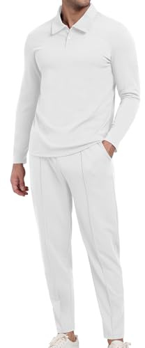 KUYIGO Men's 2 Piece Tracksuits Set Polo Sweatshirt and Jogging Bottoms Outfits Long Sleeve Pullover Set Waffle Warm Loungewear Suit M White