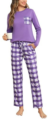 Aseniza Pigiama Donna Invernale Cotone Lungo Pigiama da Donna Due Pezzi Manica Lunga e Pantaloni Lunghi a Quadri Pigiami con Tasca Viola, L