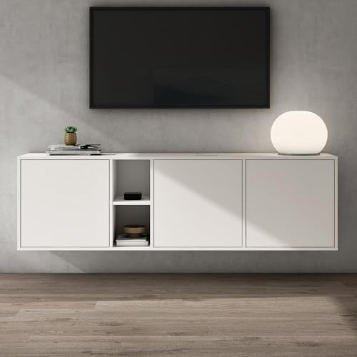 Mai & Mai Sideboard 180cm Kommode TV Schrank 3 Türen viel Stauraum | Kommode mit 3 grifflosen Türen, flexible Fächer, matt Weiß, TV Schrank für Wohnbereich, BxTxH:180x36x52,6cm, Schrank02