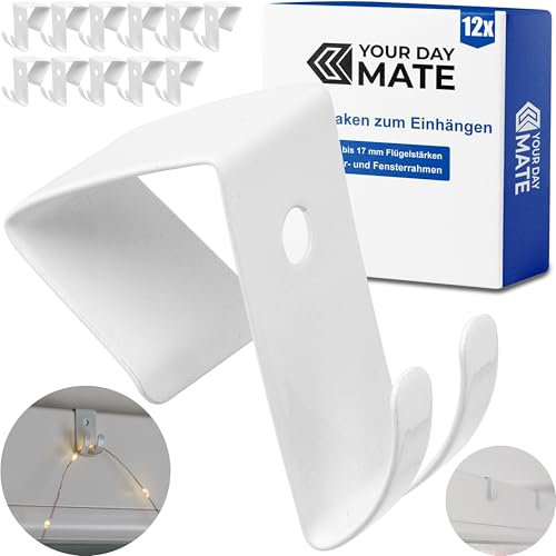 Fensterhaken zum Einhängen, 12 Stück, Weiß, aus Metall, Dekohaken für 12 bis 17 mm Flügelstärke, Türhaken ohne kleben und bohren, Fensterclip für Lichterkette, Deko, Türkranz, Aufhänger Fensterrahmen