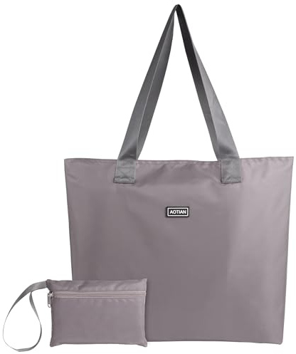 AOTIAN Große Faltbare Einkaufstasche Damen, Leicht Shopper Tasche, Grau | Tragetasche mit reißverschluss, Wiederverwendbar handtasche, Große kapazität, mit Klein gefaltet tasche, Ultraleicht, Tragbar