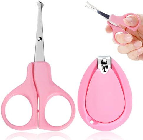 WUSJCOF 2 Piezas Cuidado de Bebé, Tijera de Acero Inoxidable para Bebés con Bordes Redondeados, Funda Protectora, Mango de Goma Antideslizante, Kit de Corta Uñas para Bebe, Tijera Infantil