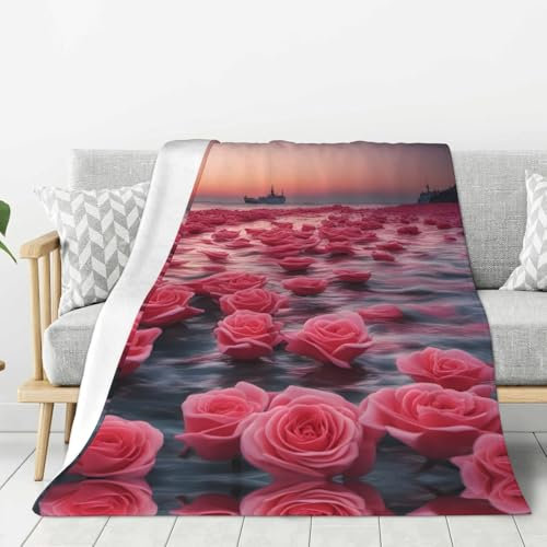 Roses by The Sea Modische Flanell-Bettdecke, 203 x 152 cm, gemütliche Decke, weiche und warme Sofadecke, Schlafzimmer-Decke