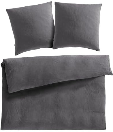 Pure Label Musselin Bettwäsche 200x200 cm mit Kissenbezug 2er Set 80x80 cm aus 100% Baumwolle - Traumhaft weiche, kuschelige Bettwäsche-Sets in anthrazit