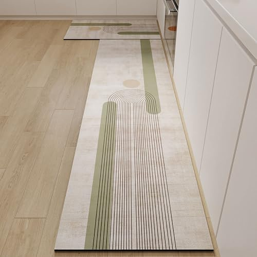 Hixingo Tapis Cuisine Antidérapant, Absorbant Diatomite Tapis de Cuisine, Lignes Géométriques - Tapis Cuisine Devant Evier Lavable Tapis de Bain Tapis Vaisselle Tapis Douche (60x180cm,Vert Kaki)