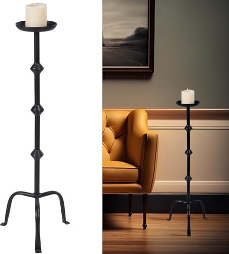 Mumufy 1 Pcs Metal Candlestick Floor Pillar Candleholder Elegant Tall Candleholder Metal Candelabra Candlesticks Holder for Formal Events Wedding Church Holiday Decor (32 Inch,Black)