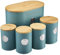 Cooks Professional 5 Piece Ribbed Tea Coffee Sugar Bread & Biscuit Cannisters with Air-Tight Bamboo Lids | Stainless Steel Kitchen Storage Bin Set | Modern & Stylish | Teal & Silver