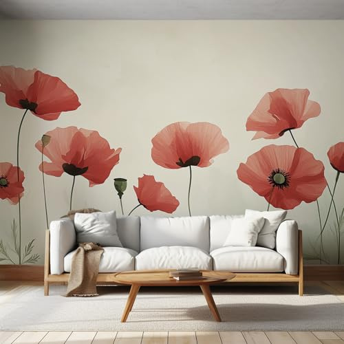 NOGAWA Papier Peint Motif Coquelicot, 3D Panoramique Papier Peint Fleurs Rouge, Papier Mural Decoratif Pour Salon, Chambre, Tapisserie Murales, Décoration Murale 400x280cm