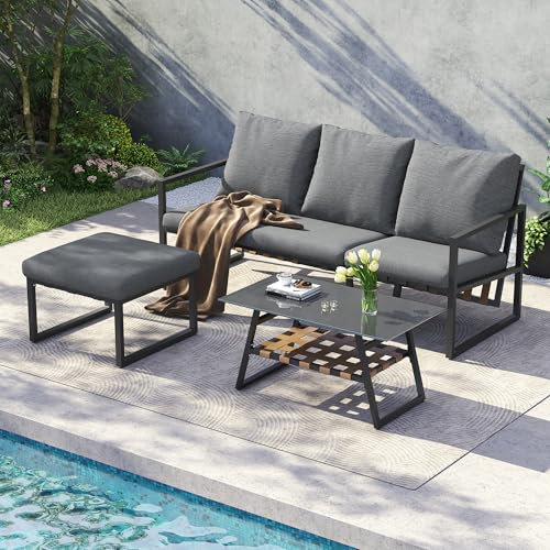 Jtyca Gartenmöbel Set, Lounge Balkonmöbel Set, Terassenmöbel Außen mit Sofa + Couchtisch + Fußhocker, Geeignet für Gärten, Schwimmbäder und Andere Außenbereiche, Sofagarnitur mit Bequemem Kissen, Grau