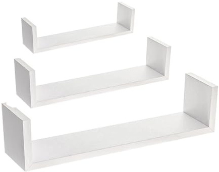 PREMZO Set of 3 U Shaped Floating Wall Shelves MDF Wooden Display Storage Rack Space Saving Wall Mounted Shelving Unit for Bedroom, Living Room, Kitchen, Home Décor Organiser (White)
