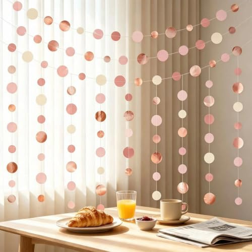 52Ft Rose Gold Pink Circle Dots Garland Party Decorations Paper Garland Hanging Streamer for Birthday Wedding Christmas Festival Décor (Rose Gold Pink)