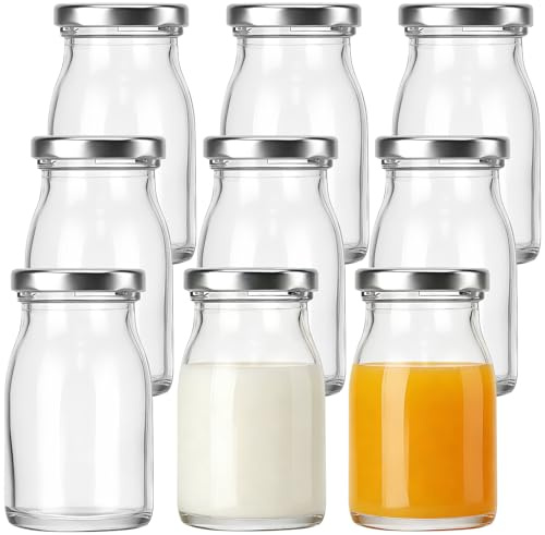 saerryor 9 Pack Small Glass Bottles With Lids 3.4oz/100ml Glass Shot Bottles With Lids for Milk,Juice,Jam,Ginger,Oils,Liquor,Sauces