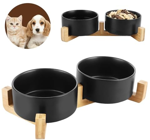 LOPYXBR Gamelle surélevée noire pour chien avec support en bois, double gamelle en céramique noire avec support antidérapant pour chiens de taille moyenne 850 ml
