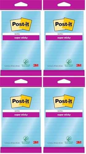 Post-it Super Sticky Large Notes, Blue, Lined, 1 Pad, 102 mm x 152 mm, 45 Sheets - Extra Sticky Notes for Walls, Monitors and Fridge (Pack of 4)