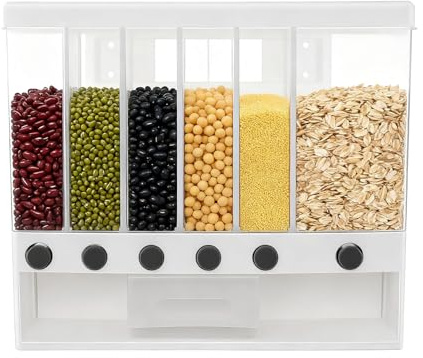 POTYYH 10L Müslispender, 6-fach Getreidespender Luftdichter Reisspender Getreidebehälter mit Messbecher für Reis, Bohnen, Hafer, Maiskörnern, Getreide und Tierfutter