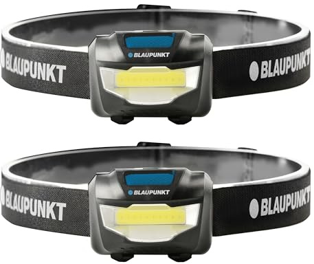 Blaupunkt Stirnlampe Led 200 Lumen – Camping Kopflampe mit 3 Lichtmodi, Hell & Leicht, Wasserabweisend, Langlebig – 5 Std. Laufzeit, batteriebetrieben – für trekking, Laufen & Outdoor - 2er Pack
