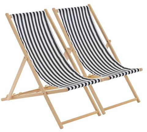 Harbour Housewares Folding Wooden Deck Chairs – Black Stripe – Pack of 2 – Adults Traditional Foldable Reclining Outdoor Canvas Sun Lounger Chair Seat for Garden Patio, Beach, Camping