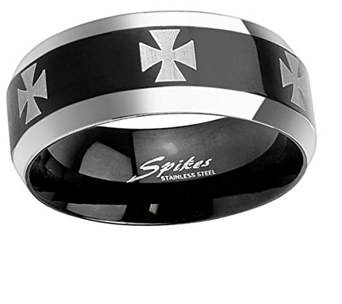 Piersando Herren Ring Edelstahl Biker Poliert mit Iron Cross Herrenring Eisernen Kreuz 8mm Breit Schwarz Silber Größe 73 (23.2)