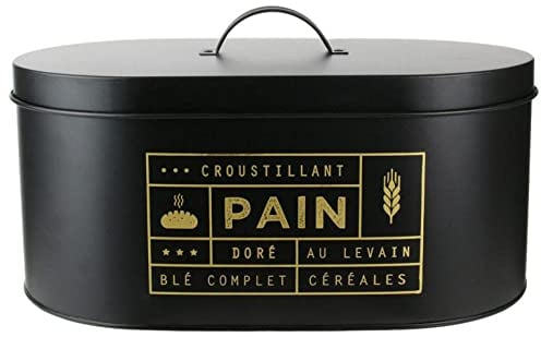 COOK CONCEPT La Boite à Pain, Metal, Noir-Doré, Belle boîte Noire Mate avec Couvercle et Illustrations en Or, 34,5 x 20 x 18 cm, Design Contemporain et Fonctionnel