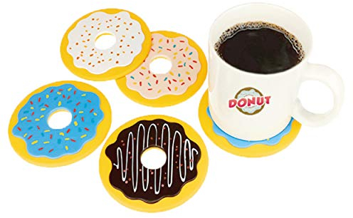 Donut Drink Coasters 4 Set Unique Coffee Mug Cup Holder Round Silicone Pad Funny Table Mat for Desk Bar Office Car