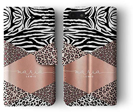 Tirita Personalised Wallet Phone Case for iPhone XR With Card Holder – Leather Flip Case or Cover With Custom Name – Cute Personalised Gift for Women [14. Leopard Print Rose Gold]