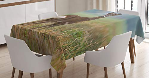 ABAKUHAUS Jagd Tischdecke, Deer Wildlife, Inn und Outdoor Bereich geeignet Waschbar Druck Klare Farben Kein Verblassen, 140 x 170 cm, Grün Braun
