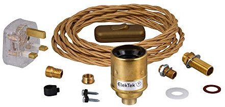 ElekTek UK E27 Lamp Refurbishment Fixing Kit, Solid Brass Plain Edison Lamp Holder, Inline Rocker Switch, Extensive Fittings Pack, 13A Plug (3A Fuse) Gold Twisted Braided Fabric 3-Core Lighting Flex