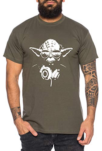 Yoda - Herren T-Shirt DJ YODA Jedi Ritter The Empire Turntables Music Rave House Trance Techno Geek, S, Khaki