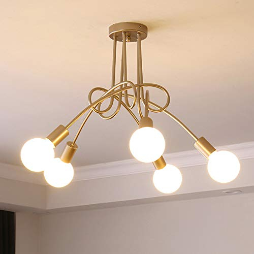 iDEGU Plafonnier Industrielle Rétro en Métal Lustre Abat-jour E27 Luminaire Moderne Lampe Suspension pour Salon Chambre Salle à Manger (Peinture Dorée, 5 Lampes) Sans Ampoules