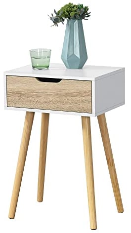 [en.casa] Beistelltisch Östersund Wohnzimmertisch 60 x 40 x 30 cm Nachttisch Flurtisch Telefontisch mit Schublade Sofatisch Nebentisch Kaffeetisch Weiß/Eiche